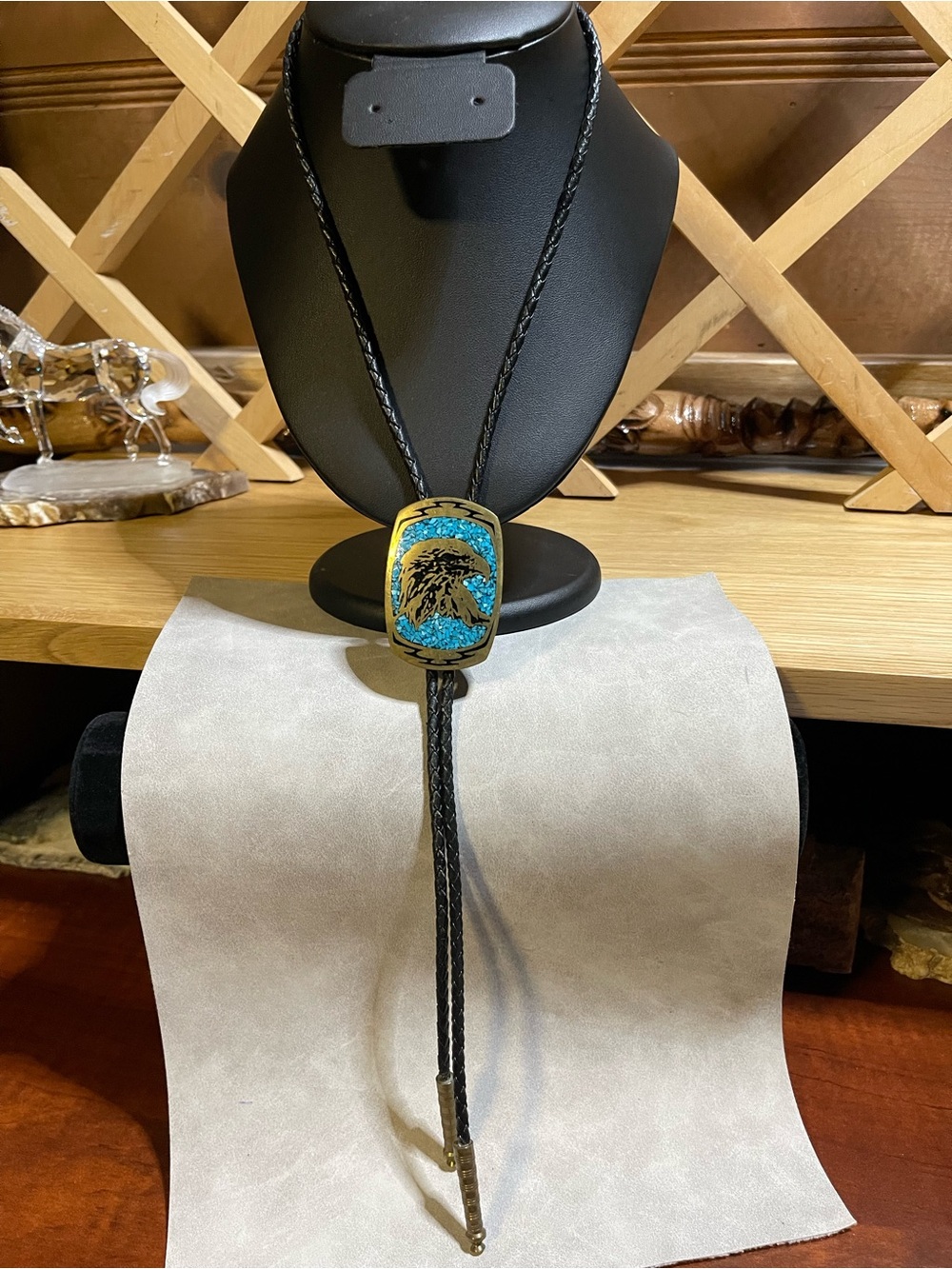 VTG Engraved Cast Brass Alloy Eagle / Turquoise Western Bolo Tie Leather Cord